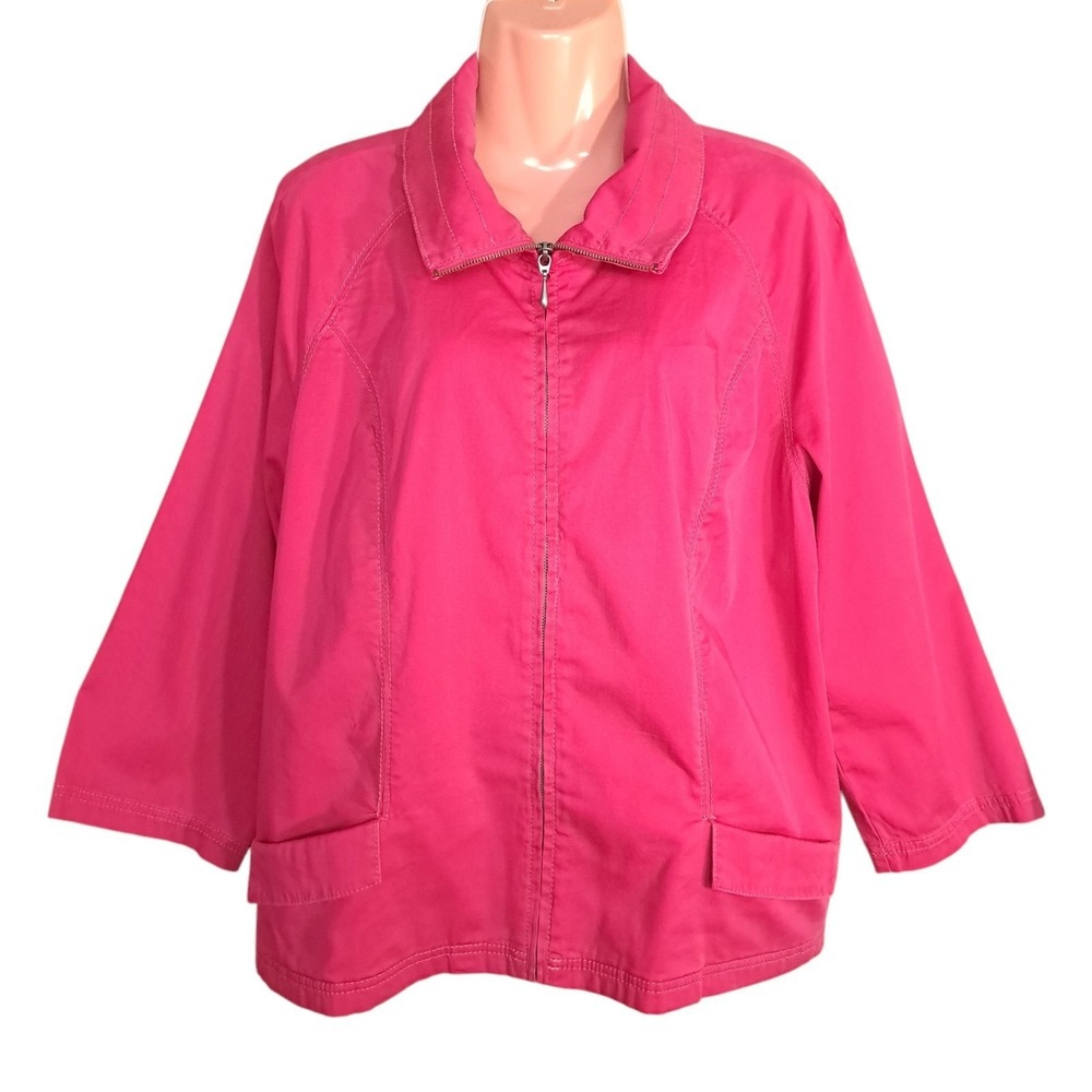 Chico's Women's Jacket Zip Up Size 3 Solid Pink Pockets Flared Zipper 3/4 Sleeve